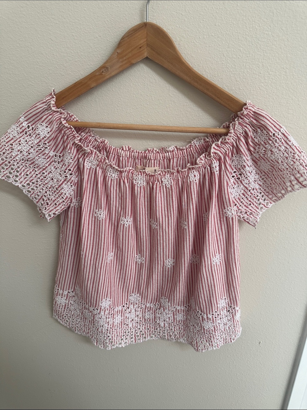 Hollister Pretty Light Red with white Striped Off-Shoulder Lace Trim Women's Top